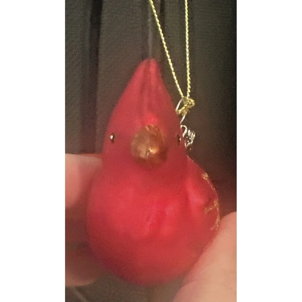 Vintage Beautiful Red Glass W/Gold Glitter Cardinal Bird Christmas Ornament